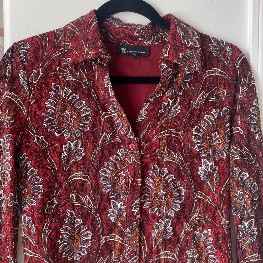 Inc - Dark Red Button Down Geometric Pattern V-Ne… - image 2